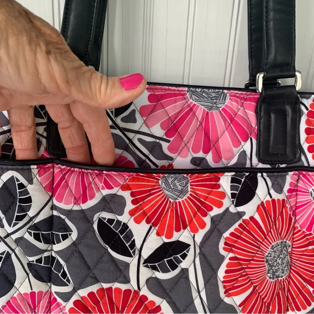 Vera Bradley Pink & Red, Gray, Black & White Floral Tote Bag w/Leather Handles - Picture 5 of 12